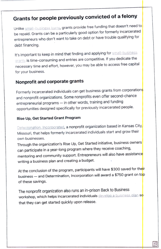 Grants for people previously convicted of a felony  Uniike , grants provide free funding that doesn’t need 1o, e repaid. Grants can be a particularly good option for formerly incarcerated entrepreneurs who don’t want to take on debt or have trouble qualifying for deb financing  ’s important to keep in mind that finding and applying for is time-consuming and entries are competitive. If you dedicate the  necessary time and effort, however, you may be able to access free capital for your business.  Nonprofit and corporate grants  Formerly incarcerated individuals can get business grants from corporations and nonprofit organizations. Some nonprofits even offer second-chance entrepreneurial programs — in other words, training and funding opportunities designed specifically for previously incarcerated people.  Rise Up, Get Started Grant Program  roorated, a nonprofit organization based in Kansas City, Missour, that helps formerly incarcerated individuals start and grow their own businesses. Through the organization’s Rise Up, Get Started initative, business owners can participate in a year-long program where they receive coaching, mentoring and community support. Entrepreneurs will also have assistan writing a business plan and creating a budget.  At the conclusion of the program, participants wil have $300 saved for ml  business — and Determination, Incorporation will award a $750 grant on t of these savings.  “The nonprofit organization also runs an in-prison Back to Business workshop, which helps incarcerated individuals :1=.</05 & that they can get started quickly upon release.  